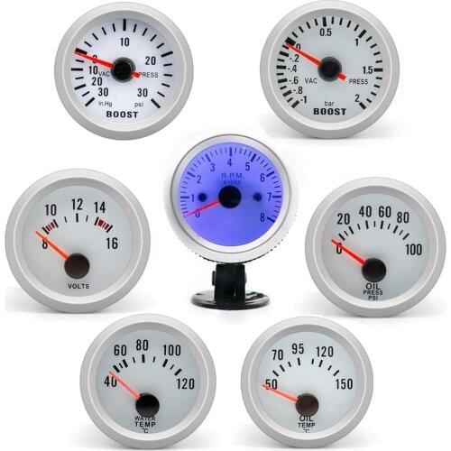 2" 52mm 12V car meter water temp/oil temp/oil pressure/Boost/voltage/Tachometer Rpm Gauge White shell blue background White Word