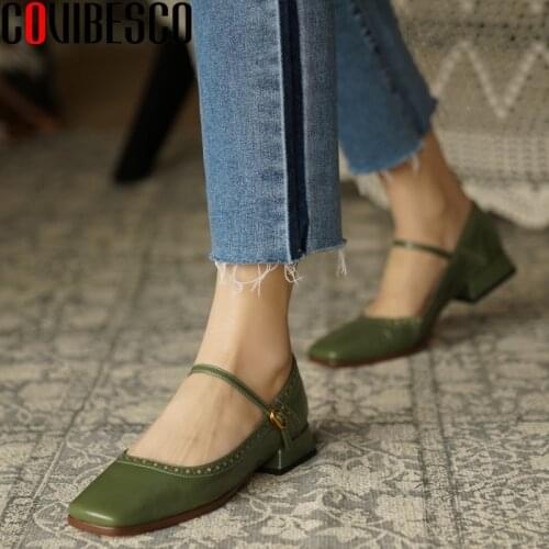 COVIBESCO New Spring Retro Hollow Mary Janes Women Pumps Square Toe Concise Genuine Leather Casual Office Low Heels Shoes Woman