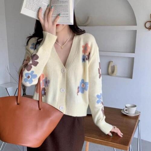 Spring Autumn Short Knitted Cardigan Sweater Female Fashion Flower Knit Cardigans Coat Lady Loose Sweaters Women