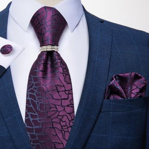 DiBanGu Men Purple Floral 100% Silk 8cm Necktie Fashion Wedding Business Party Tie Handkerchief Cufflinks Ring Gravata Set