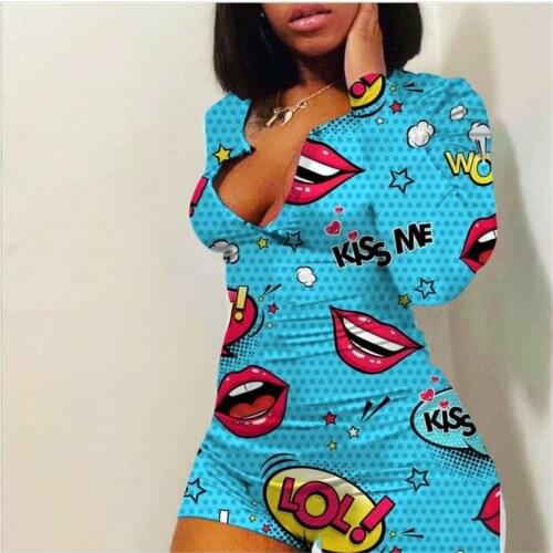 Imcute Women V-neck Bodycon Sleepwear Jumpsuit Bodysuit Shorts Romper Bodysuit Leotard Long Sleeve Lips Print Button Bodysuit