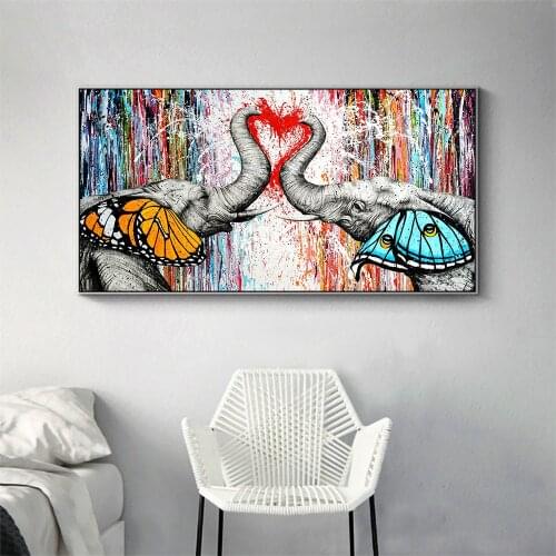 AHPAINTING Painting Canvas Art Animal Print Two elephants Butterfly Wall Pictures For Living Room Home Decor No Frame