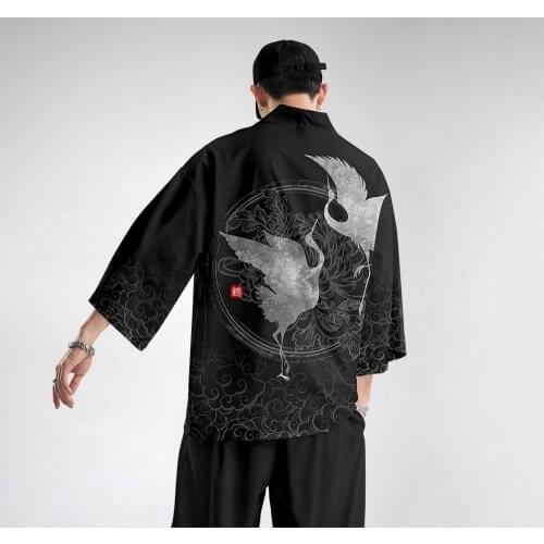 Oversize 6XL Men Kimono Cardigan Trousers Suit Japanese Print Crane Yukata Robe Set Novelty Jacket Chinese Style Tang Suit