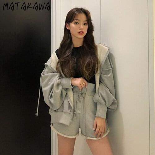 MATAKAWA Sports and Leisure Suit Loose Hooded Sweater Coat + Korean High Waist Curling Shorts Women Two Piece Outfits