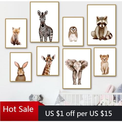Cartoon Fox Zebra Owl Raccoon Giraffe Animals Wall Art Canvas Painting Nordic Posters Prints Wall Decor Pictures Kids Room Decor
