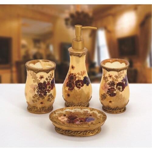 EU Classic Style Bathroom Resin Four-Piece Set Hotel Club Dry Flower Pattern Wash Supplies Lotion Bottle + Tooth Cup + Soap Dish