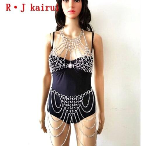 New RJBY04 Fashion Women Silver Rings Layers Top Neck Bra Body Chains Body Unique Design Costume Jewelry