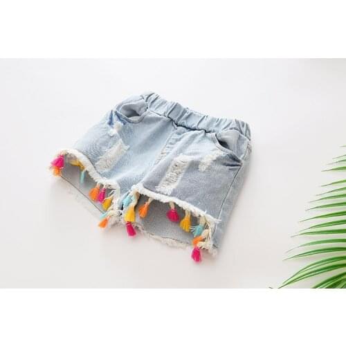 New Arrival Denim Shorts Colorful Tassels Fashion Shorts Ripped Washed Baby Girl Shorts Cute Pants for Girls Kids Short Jeans