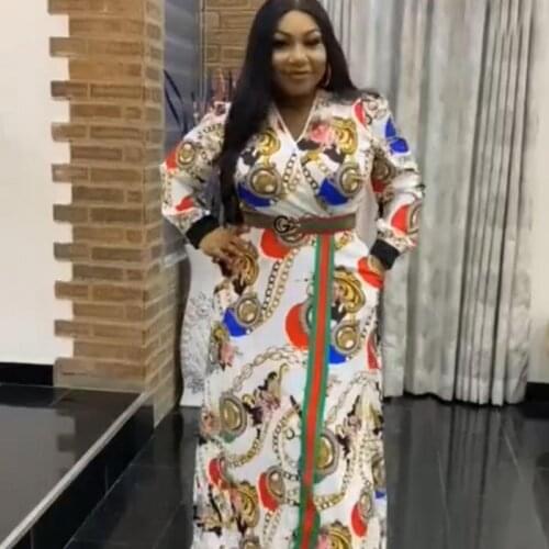 African Arabian Popular Print Stitching V-neck Webbing Edging Plus Size Dress Long Dresses For Muslim Women Abaya Dubai 2021