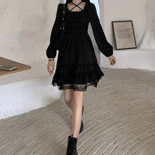 Gothic Women Black Fairy Party Dress Girl Cross Strap Square Collar Lolita Princess Irregular Cute Kawaii Lace Mini Dress 2021