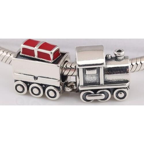 Authentic S925 Beads Red Enamel Christmas Train Charm for Women Bracelet Bangle DIY Jewelry