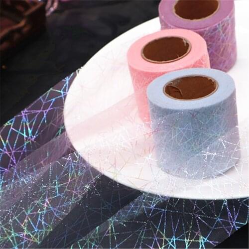 Iridescent Tulle Ribbon 6cm 25y Magic Color Grid Lines Glitter Organza Rainbow Color Printed Mesh Strip DIY Bow Material Supply