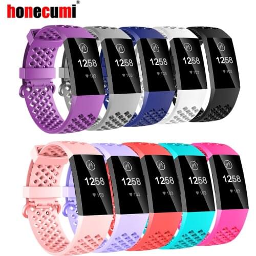 Honecumi Strap For Fitbit Charge 3 Band Replacement Holes Wrist Strap For Fitbit Charge 3 Smart Watch TPU Bracelet Small Large