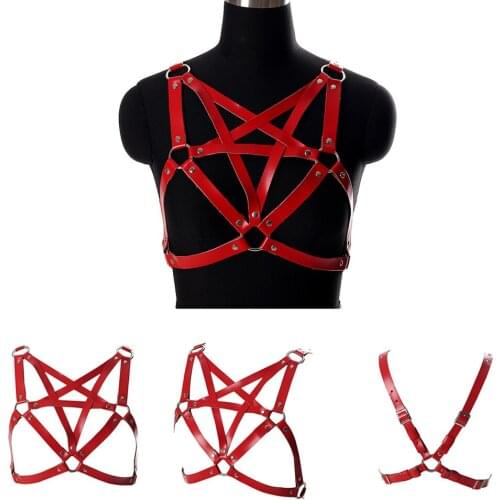 Pentagram Sexy Lingerie Harajuku Harness Garter Belt Gothic Style Punk Leather Women Body Bondage Cage Bra Waist Suspenders
