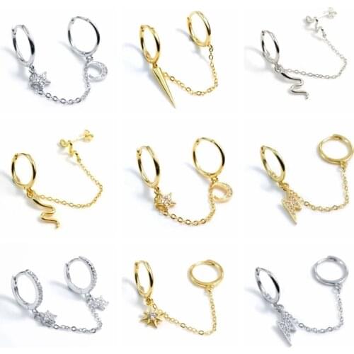 Aide 925 Sterling Silver Double Hole Link Chain Circle Hoop Earrings Zircon Moon Star Lightning Pendant Huggie Piercing Earring