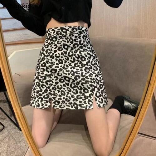 Skirts Women Leopard High Waist Casual Slim Female Elegant Side-slit Clubwear Soft Mini Fashion Vintage Sexy All-match Simple