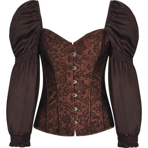 Victorian Brown Puff Long Sleeve Overbust Corset Top Bustiers Burlesque Sexy Gothic Corselet Korsett For Women Steampunk Clothes