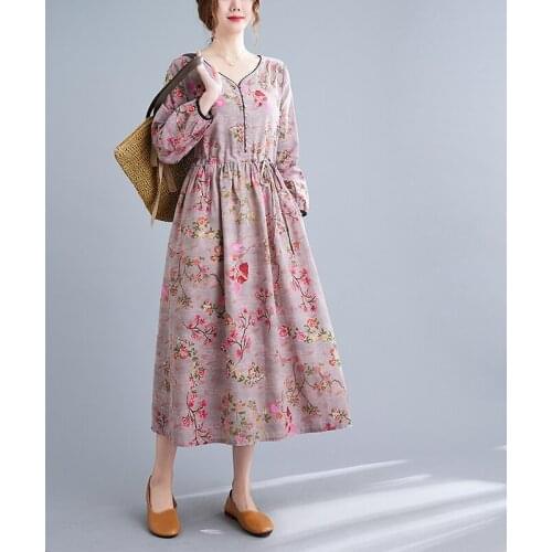 Print Floral Prairie Chic Holiday Travel Casual Dress 2021 New Arrival Cotton Linen Long Sleeve Women Long Spring Autumn Dress