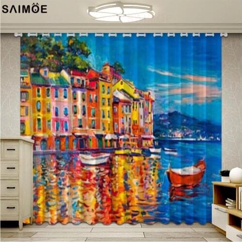 Scenic Oil Painting Window Curtains Colorful Blackout Curtains For Living Room Bedroom Ultra-thin Micro Shading Cortinas
