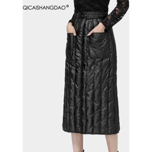 2020 Winter New White Duck Down Skirt Warm Thickened High Waist Zip-Up Skirts With Pockets Belt Plus Size Lady Casual Long Skirt