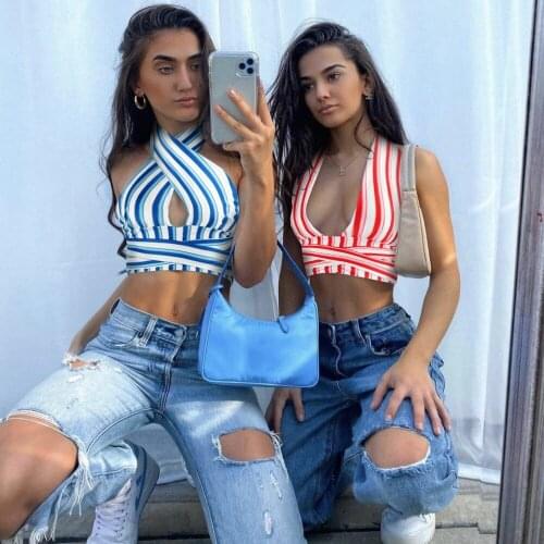 2021 Sexy Women Summer Halter Tank Tops Stripes Low-Cut Sleeveless Cross Backless Tied Strap Crop Tops for Girls, 3 Colors