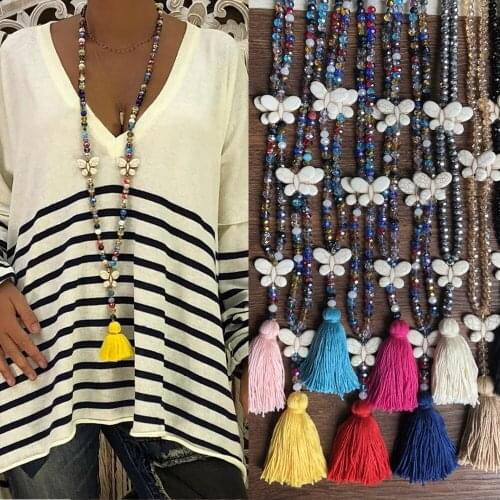 Bohemia Rainbow Color Crystal Beads Necklace Natural Stone Butterfly Pendant Handmade Tassel Fashion Dresses Sweater Accessory