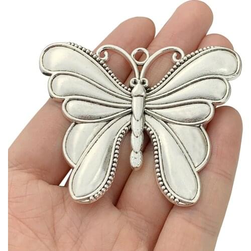 2 x Antique Sliver Color Large Butterfly Charms Pendants for DIY Necklace Jewellery Making Accessories 55x68mm