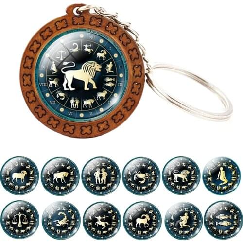 12 Constellation Keyring Wooden Glass Dome Pendant Zodiac Keychain Gemini Cancer Leo Virgo Libra Scorpio Birthday Jewelry