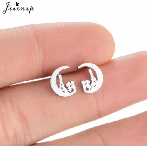 Jisensp Simple Creative Stainless Steel Earrings Unique Design Kiss on the Moon Stud Earrings for Women Fashion Jewelry Gift