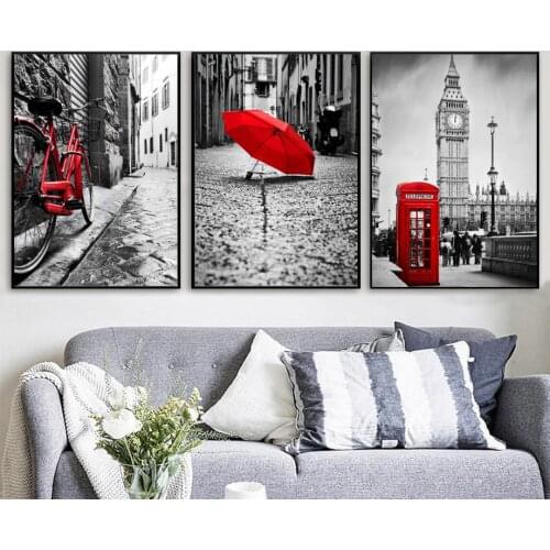 Red Bicycle Umbrella London Landscape Wall Art Canvas Painting Nordic Posters And Prints Wall Pictures For Living Room Decor