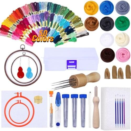 LMDZ 3D Wool Embroidery Kit Handle Felting Embroidery Threads Cross Stitch Needle Felting Supplies Wool Roving Fabric Material