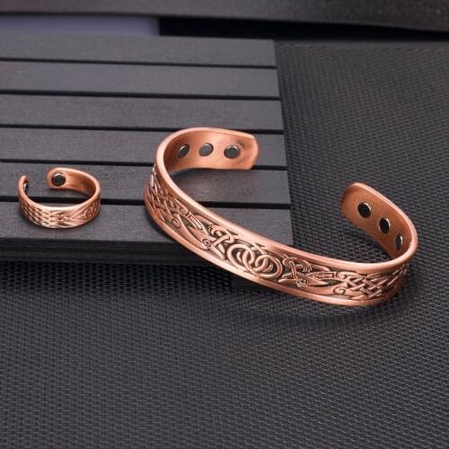 Vinterly Magnetic Copper Bracelet Ring Health Energy Jewelry Sets for Women Men Vintage Adjustable Cuff Ring Bracelets Bangles