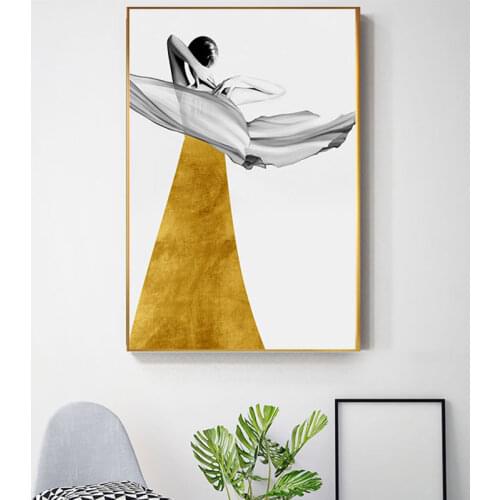 Fashion Wall Art Cadro Abstract Yellow Dress Gorgeous Girl Sexy Back Canvas Painting For Living Room Nordic Style Print Poster