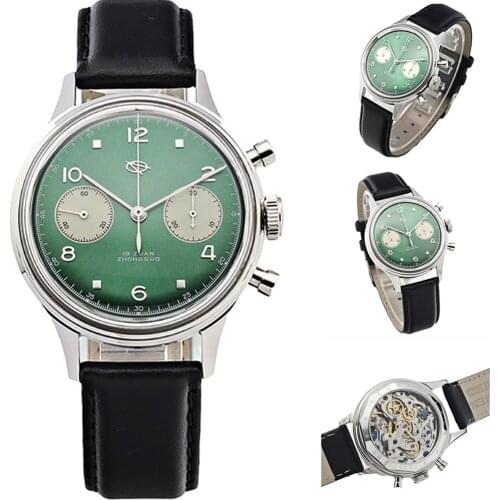 RED STAR 38mm HKED Green Chronograph Men Seagull 1963 Movement Sapphire Acrylic Glass Mens Pilot Wristwatches With Gooseneck