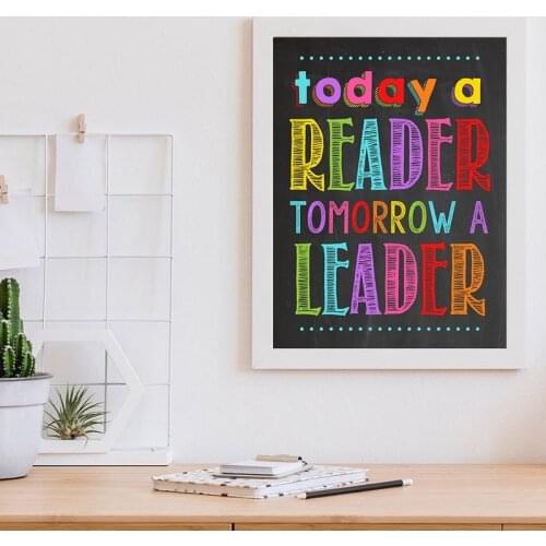 Reading Sign Print Library Study Wall Decor , Today A Reader Tomorrow A Leader Quote Poster Classroom Wall Art Canvas Painting