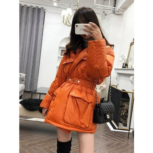 Slim-fit shiny Down jacket with belt for Women New mid-length suit collar solid white duck Down Down jacket Ladies Winter Coat