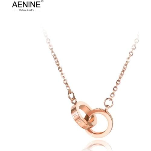 AENINE Stainless Steel Double Circle Roman Numerals Pendant Necklaces Trendy Chokers Necklace For Women Christmas Gift AN19003