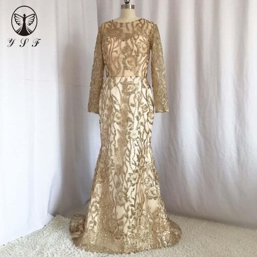 Simple but Elegant Evening Gown Golden O Neck Bling Bling Glitter Fabric Long Sleeve Lace Straight Vestidos De Fiesta