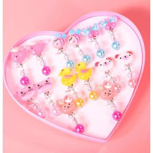 Random 7 Pairs Korean Style Pearl Rhinestone Cute Cartoon Animal Ear Clip Earring Set for Girls Kids Clip Charm Cat Ear Brincos