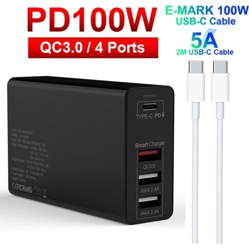 UTBVO 100W 4-port Power Adapter PD100W/65W/45W/18W QC3.0/PPS Charger 5A E-MARK USB C Cable For USB-C Laptops MacBookPro iPhone12