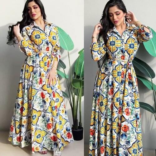 Vintage Print Abaya Dubai Kaftan Women Muslim Long Sleeve Shirt Dress Turkey Kaftan Boho Party Gown Arab Robe African Dashiki