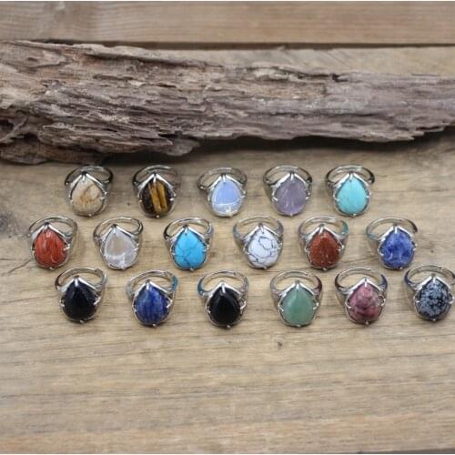 Reiki Healing Natural Gems Stone Drop Cabochon Rings Onxy Crystal Quartz Rhodonite Opal Jaspers Resizable Ring Jewelry,QC4052