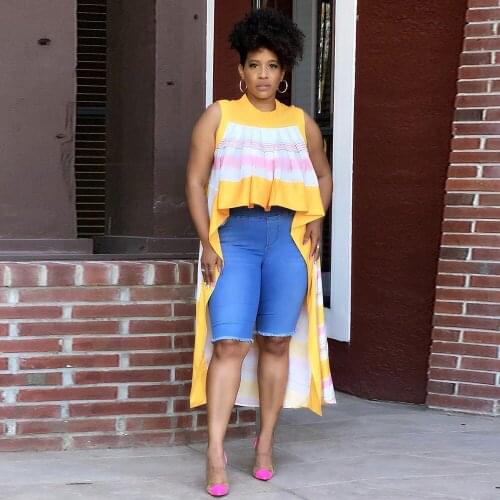 Color Block Striped Print Front Short Back Long Top Summer Clothes for Women Casual Sleeveless Pleated Irregular Loose T-shirt