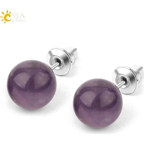 CSJA 8mm Natural Stone Stud Earrings Crystal Quartz Round Ball Beads Silver Color Simple Fashion Ear Jewelry for Women Girl G199