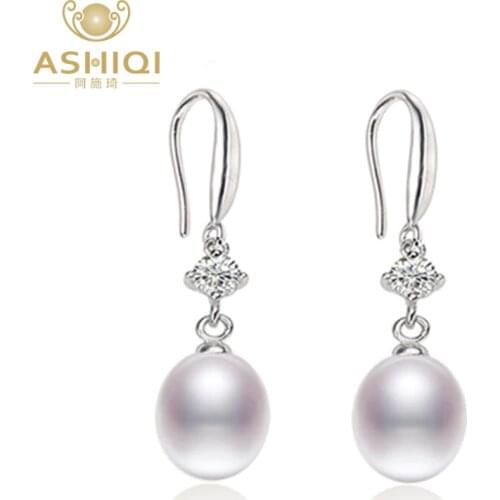 ASHIQI Authentic 925 sterling silver earring 8-9mm Natural Freshwater Pearl Drop Earrings AAA ZC for Women Gift Drop shipping