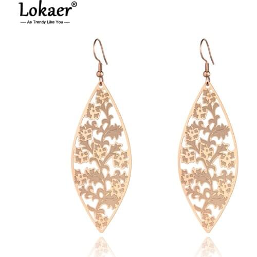 Lokaer Trendy Bohemia Stainless Steel Hand Made Hollow Flower Earrings For Women Girls Rose Gold Dangle Earrings Jewelry E19210
