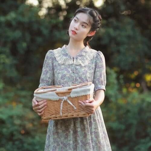 Sweet Prairie Chic Classic Floral Print Women One Piece Dress Cute Lace Peter-Pan Collar Vestidos Elegant Lace Drawstring Dress