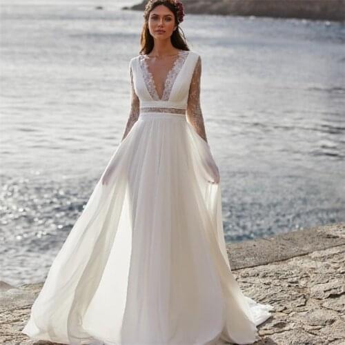 2021 Sexy Deep V-Neck Full Sleeve Sheer Back Lace Chiffon Simple Plain Wedding Dress Bride Gown Vestidos De Novia robe mariée