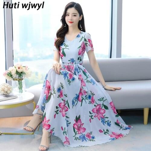 Blue Floral Chiffon Women Maxi Dresses 2021 Summer Vintage Casual 4XL Plus Size Print Midi Dress Elegant Bodycon Party Vestidos