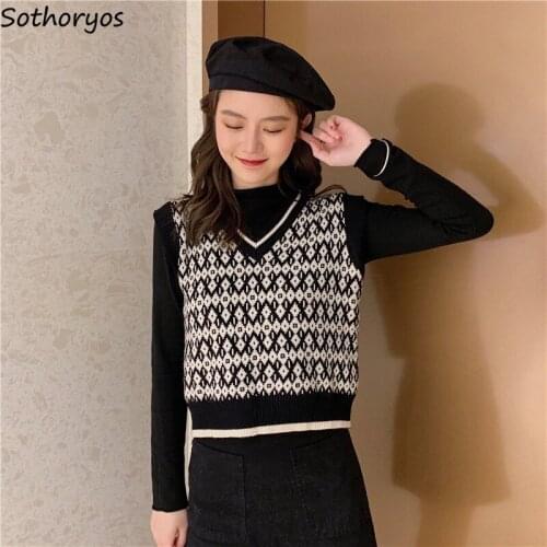 Sweater Vest Women Vintage College Korean Style Sweet All-match Autumn Cloth Tank Top Fashion Leisure Printed Simple Hot Sale
